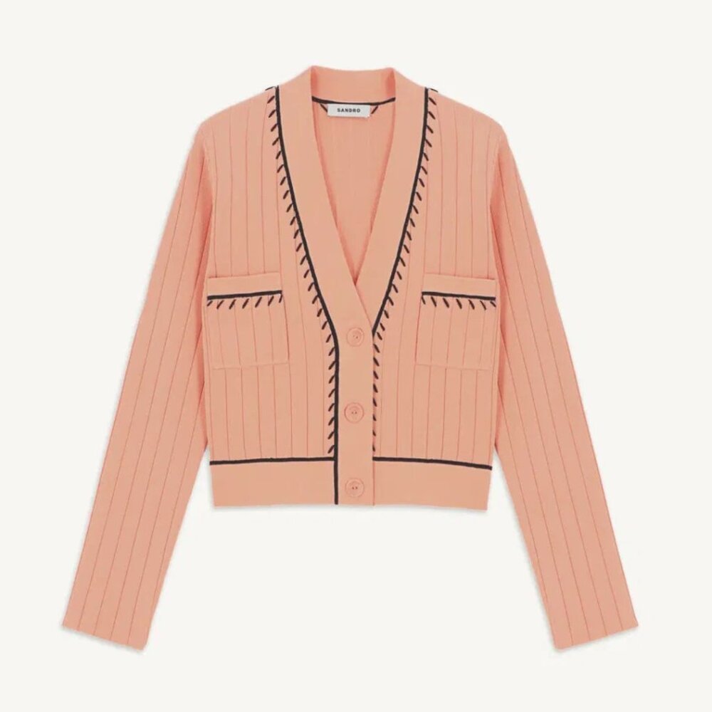 Sandro Paris Embroidered Wool‑Blend Cardigan – Pink Knit – Size M
